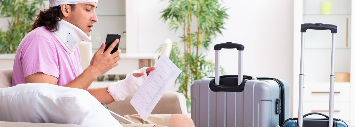 Jonge man met nekkraag, krukken, verband om zijn hoofd en been zit op de bank met zijn telefoon en een papier in zijn hand naast zijn koffers