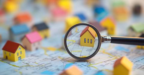 Een vergrootglas zoomt in op een huisje op een kaart met straten